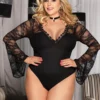 Body à rayures noir, manches longues en dentelle et décolleté V