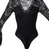 Body à rayures noir, manches longues en dentelle et décolleté V