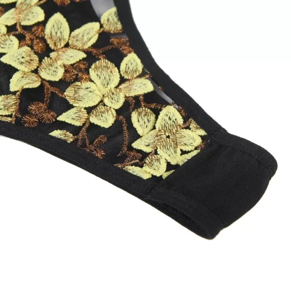 Body bustier broderies florales relief et laçages (noir et jaune, détail entrejambe) Body bustier broderies florales relief et laçages