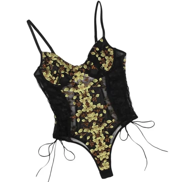 Body bustier broderies florales relief et laçages (noir et jaune, vue sur fond blanc) Body bustier broderies florales relief et laçages