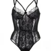 Body dentelle florale ficelles poitrine et mousseline (noir, vue de face sur fond blanc) Body dentelle florale ficelles poitrine et mousseline
