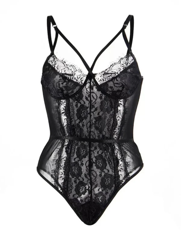 Body dentelle florale ficelles poitrine et mousseline (noir, vue de face sur fond blanc) Body dentelle florale ficelles poitrine et mousseline