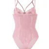 Body dentelle florale ficelles poitrine et mousseline (rose, vue de dos sur fond blanc) Body dentelle florale ficelles poitrine et mousseline