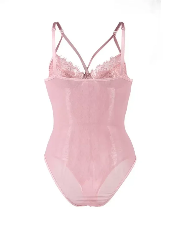 Body dentelle florale ficelles poitrine et mousseline (rose, vue de dos sur fond blanc) Body dentelle florale ficelles poitrine et mousseline