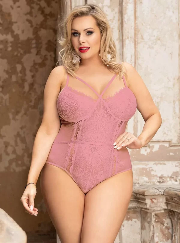 Body dentelle florale ficelles poitrine et mousseline (rose, vue de face ) Body dentelle florale ficelles poitrine et mousseline