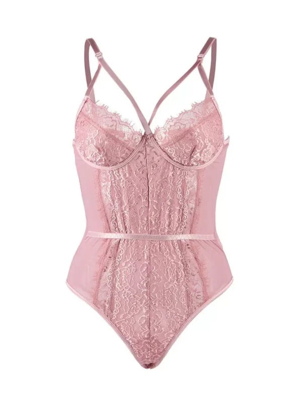 Body dentelle florale ficelles poitrine et mousseline (rose, vue de face fond blanc) Body dentelle florale ficelles poitrine et mousseline