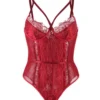 Body dentelle florale ficelles poitrine et mousseline (rouge, vue de face sur fond blanc) Body dentelle florale ficelles poitrine et mousseline
