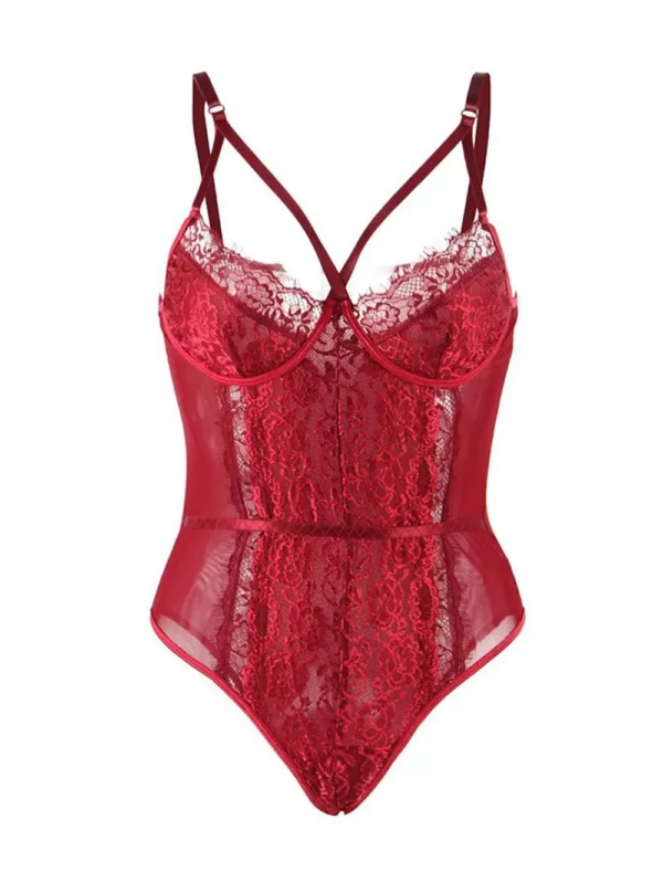 Body dentelle florale ficelles poitrine et mousseline (rouge, vue de face sur fond blanc) Body dentelle florale ficelles poitrine et mousseline