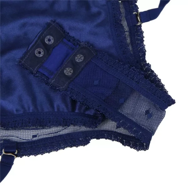 Body guêpière dentelle et micro-résille (bleu, entrejamble et jarretelles) Body guêpière dentelle et micro-résille