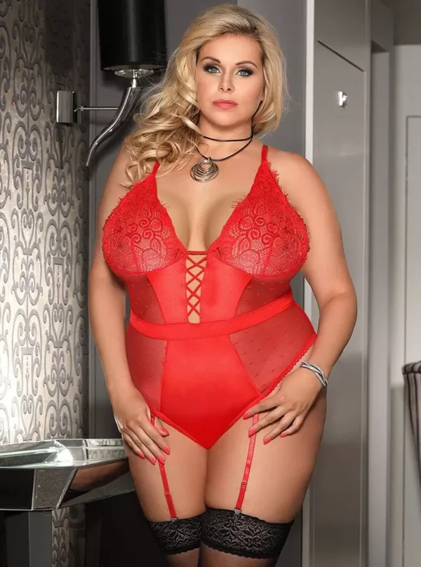 Body guêpière dentelle et micro-résille (rouge) Body guêpière dentelle et micro-résille