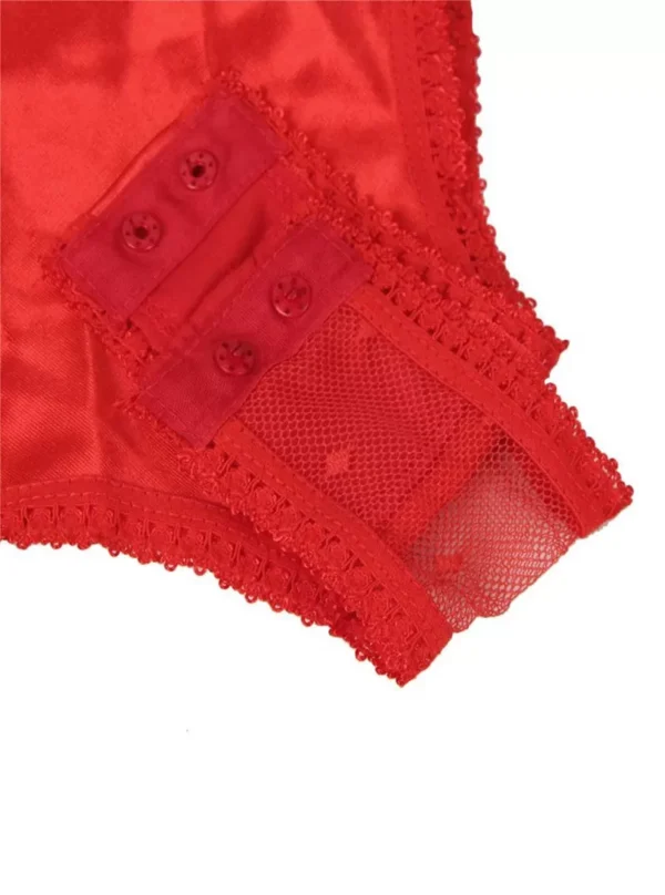 Body guêpière dentelle et micro-résille (rouge, détail fermeture entrejambe) Body guêpière dentelle et micro-résille