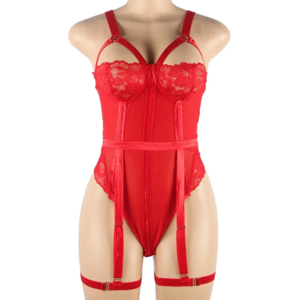 Body harnais rouge – jarretières réglables (rouge, vue réelle sur fond blanc) Body harnais rouge – jarretières réglables