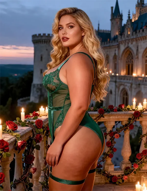 Body harnais vert émeraude jarretières et dentelle (vue de profil) Body harnais vert émeraude jarretières et dentelle