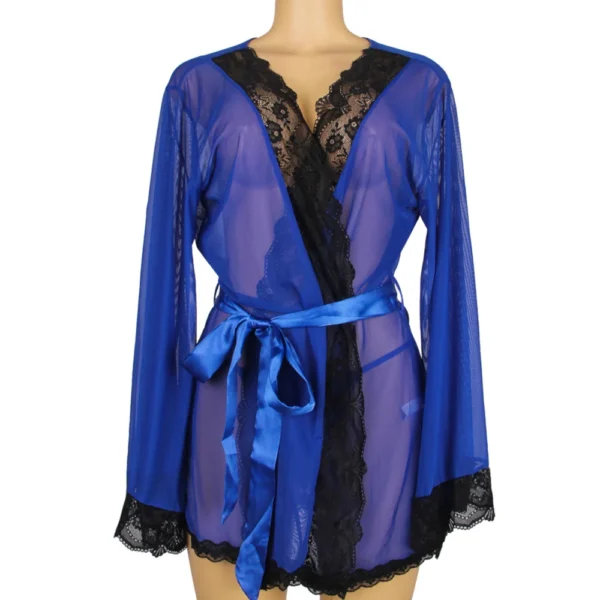Déshabillé bleu voile léger et dentelle – manches longues (détail produit sur fond blanc) Déshabillé bleu voile léger et dentelle – manches longues