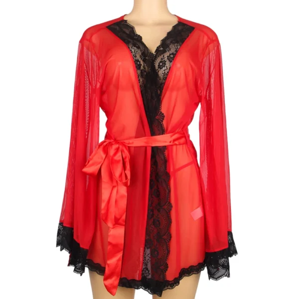 Déshabillé lingerie voile rouge et dentelle – manches longues (détail produit sur fond blanc) Déshabillé lingerie voile rouge et dentelle – manches longues