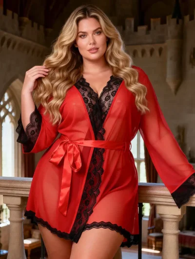 Déshabillé lingerie voile rouge et dentelle – manches longues (vue de face) Déshabillé lingerie voile rouge et dentelle – manches longues