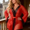 Déshabillé lingerie voile rouge et dentelle – manches longues vue de profil) Déshabillé lingerie voile rouge et dentelle – manches longues