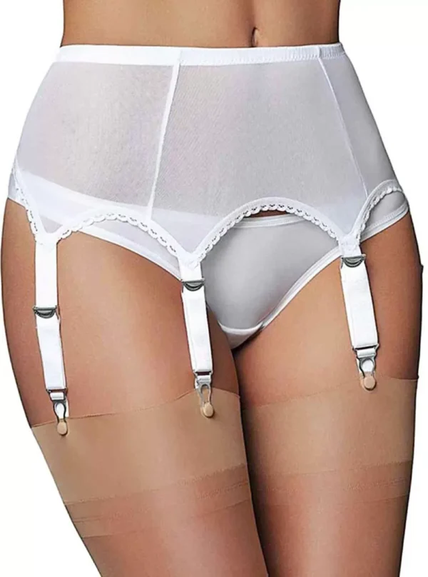 Gaine porte-jarretelles rétro brodée 6 attaches (blanc, vue de face) Gaine porte-jarretelles rétro brodée 6 attaches