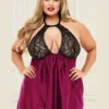 Nuisette satin bordeaux dos nu et dentelle noire (vue de face)