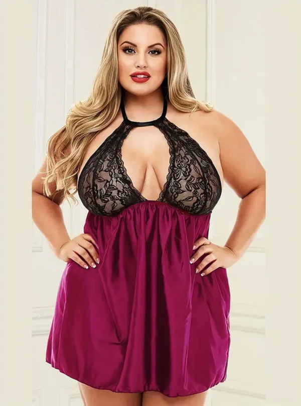 Nuisette satin bordeaux dos nu et dentelle noire (vue de face)