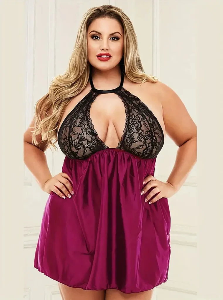 Nuisette satin bordeaux dos nu et dentelle noire (vue de face)