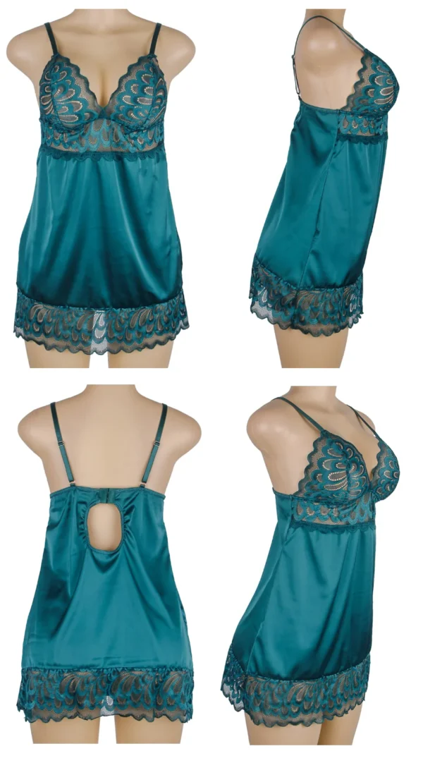 Nuisette satinée et dentelle géométrique - Noir ou Turquoise