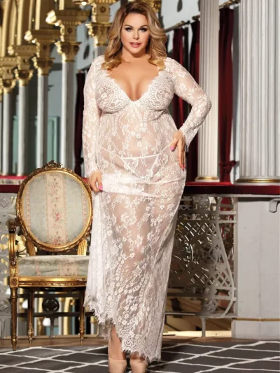 Robe longue en dentelle transparente (blanc, vue de face) Robe longue en dentelle transparente
