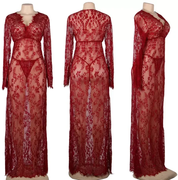 Robe longue en dentelle transparente (rouge) Robe longue en dentelle transparente