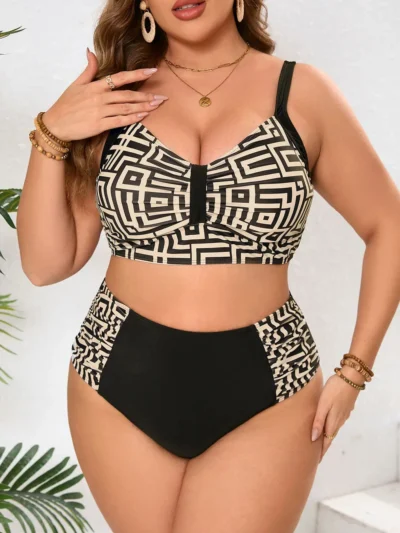 Bikini grande taille sculptant sans fermeture – GeoGlow (blanc, vue de face) Bikini grande taille sculptant sans fermeture – GeoGlow