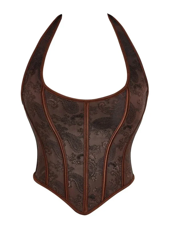 Bustier marron à bretelles et dos nu Vespera (vue réelle, face) Bustier marron à bretelles et dos nu Vespera