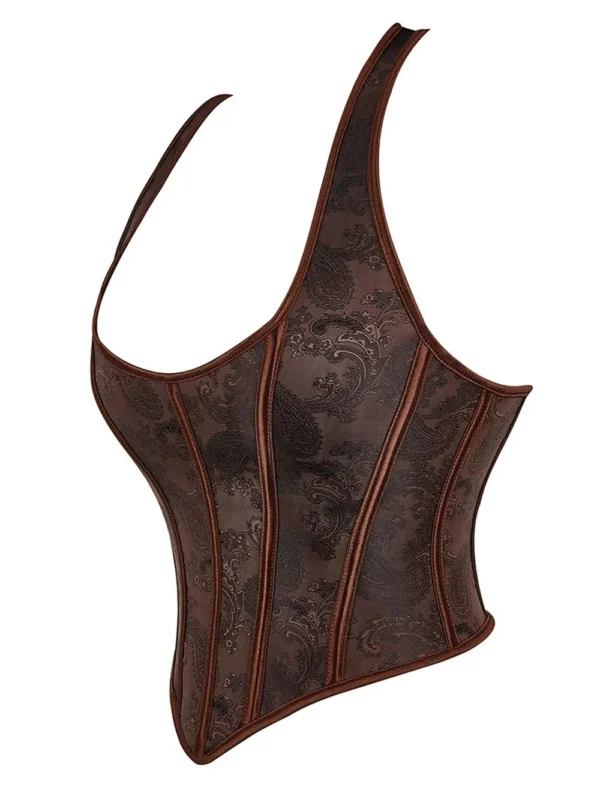 Bustier marron à bretelles et dos nu Vespera (vue réelle, profil) Bustier marron à bretelles et dos nu Vespera