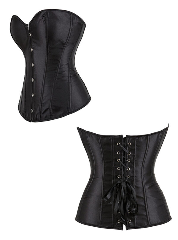 Corset noir en satin Désir (vue réelle, profil et dos) Corset noir en satin Désir
