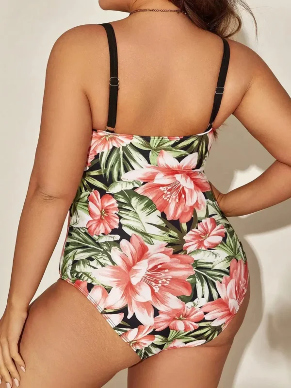 Maillot de bain 1 pièce fleuri gainant avec nœud (noir, vue de dos)