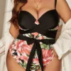 Maillot de bain 1 pièce fleuri gainant avec nœud (noir, vue de face)