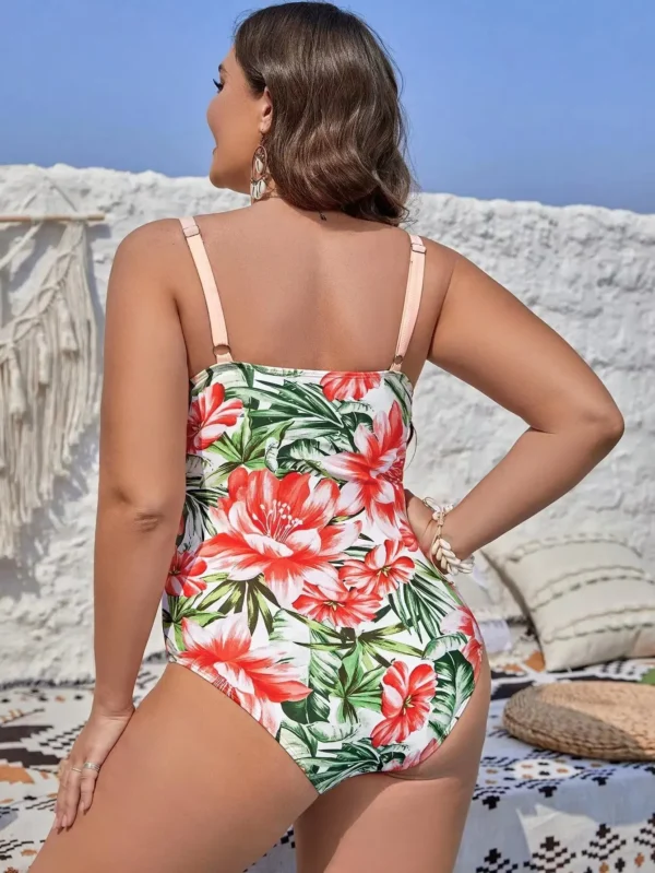 Maillot de bain 1 pièce fleuri gainant avec nœud (rose, vue de dos)