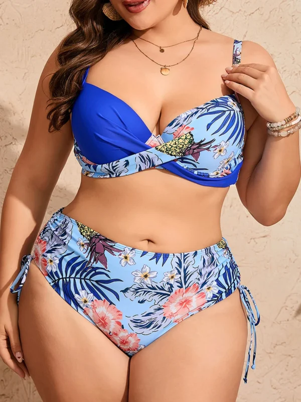 Maillot de bain grande taille 2 pièces – taille haute sculptante (bleu, face) Maillot de bain grande taille 2 pièces – taille haute sculptante