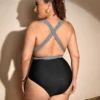 Maillot de bain une pièce noir à rayures – décolleté cache-cœur (2) Maillot de bain une pièce noir à rayures – décolleté cache-cœur