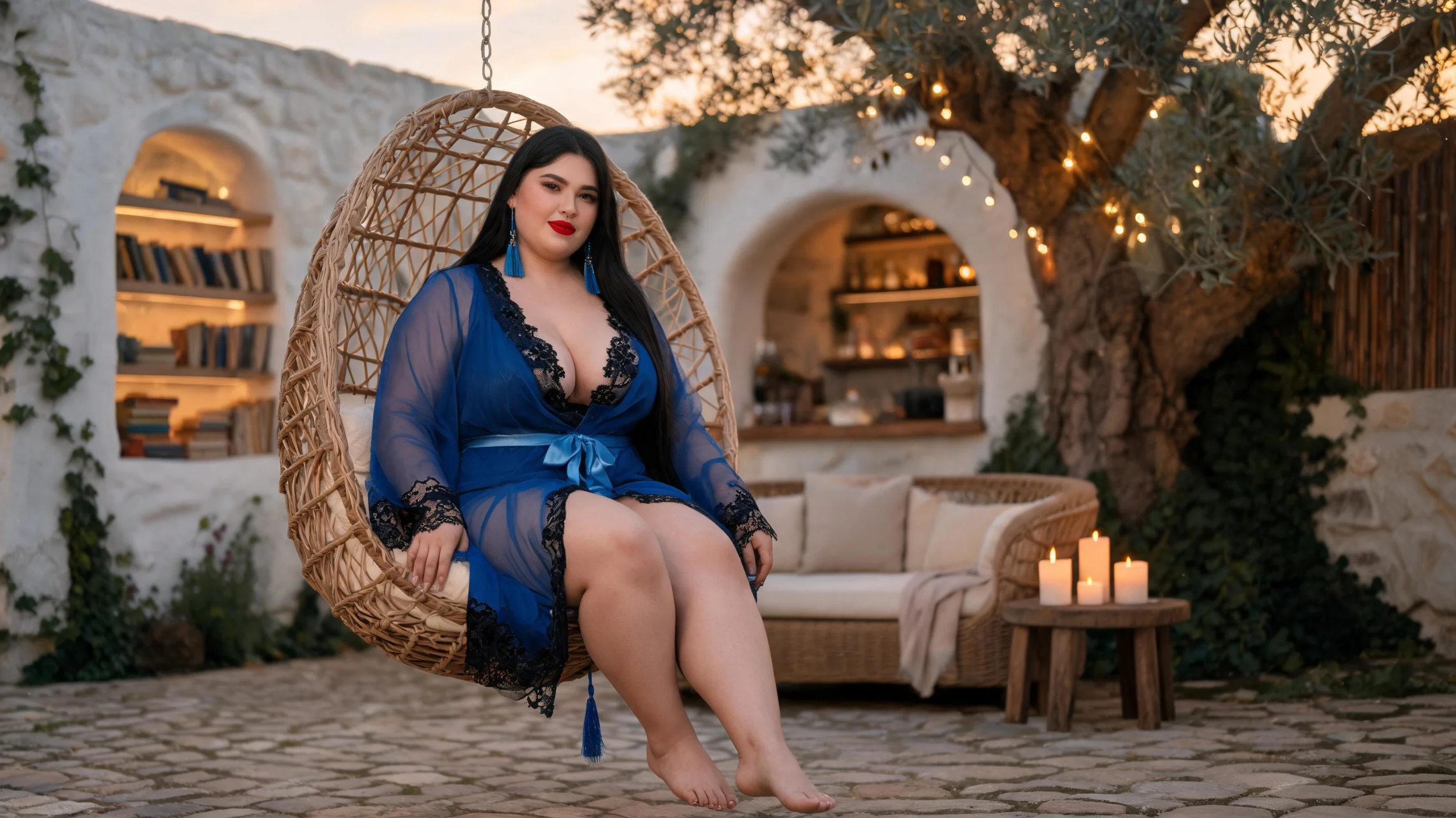 femme brune en extérieur portant un déshabillé bleu Déshabillé lingerie transparent noir - Voile et dentelle