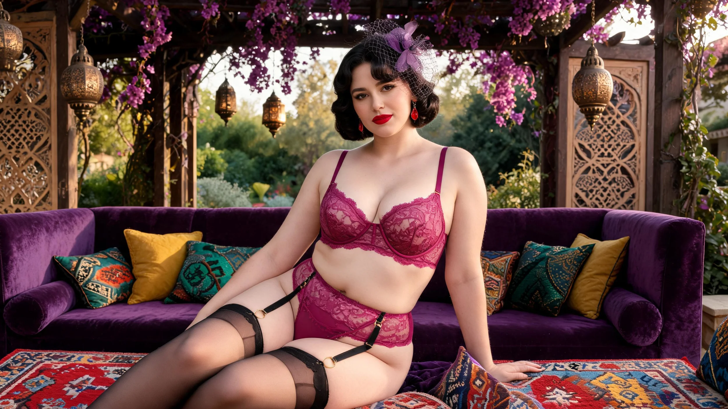 femme élégante portant un ensemble de lingerie violet à jarretelles Body effet cuir bleu et dentelle noire
