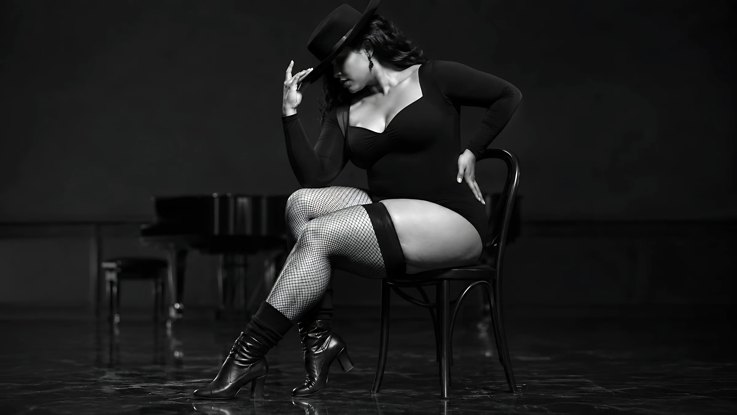 photo noir et blanc d'une femme assise sur un tabouret avec un chapeau et des bas résilles Bas coutures noirs autofixants