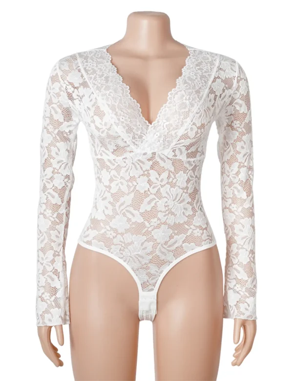 Body blanc chic en dentelle à manches longues (2) Body blanc chic en dentelle à manches longues