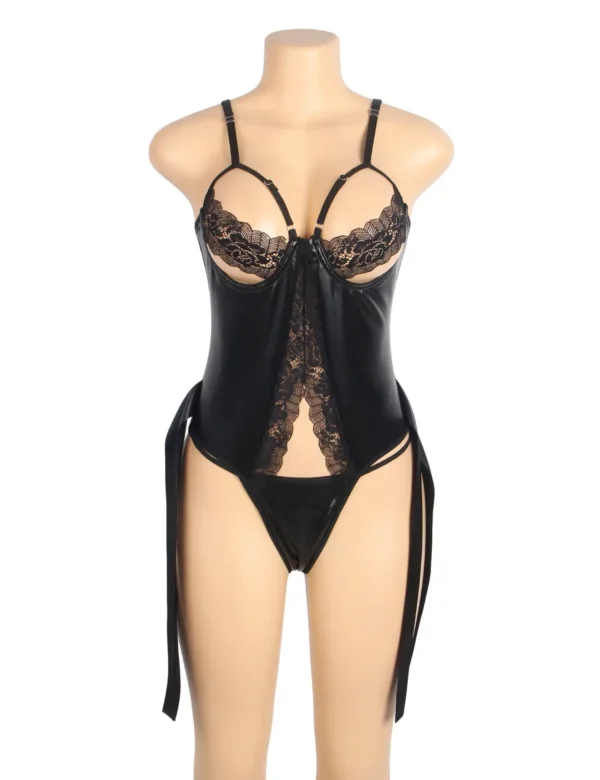 Body cuir noir à bonnets ouverts en dentelle