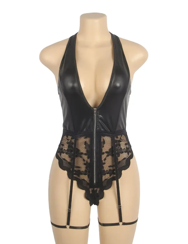 Body noir à jarretelles cuir et dentelle (4) Body noir à jarretelles cuir et dentelle