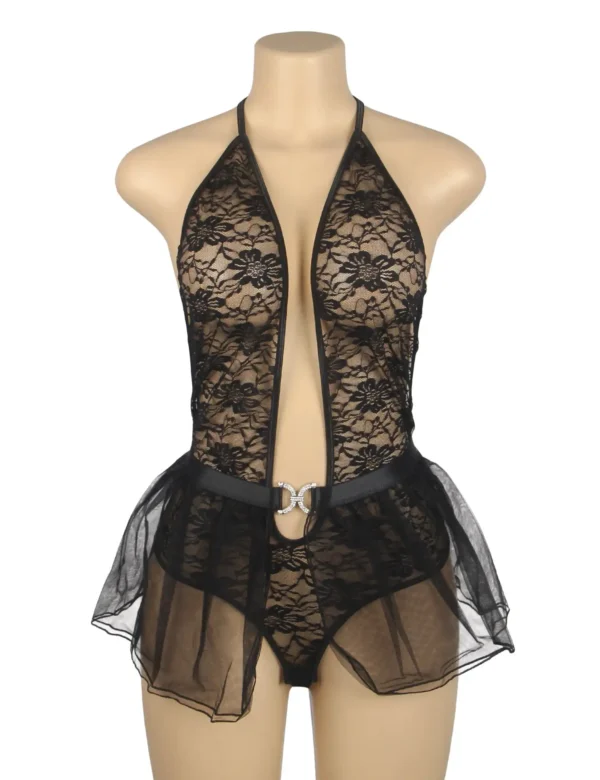 Body noir décolleté plongeant et jupette transparente (4) Body noir décolleté plongeant et jupette transparente