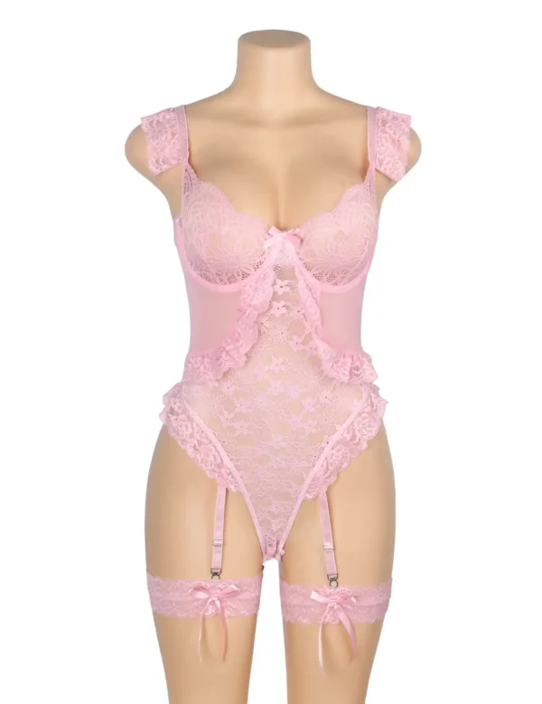 Body rose en dentelle avec porte-jarretelles (3) Body rose en dentelle avec porte-jarretelles