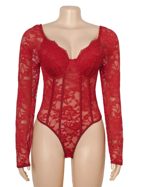 Body rouge chic à armatures et manches longues (3) Body rouge chic à armatures et manches longues