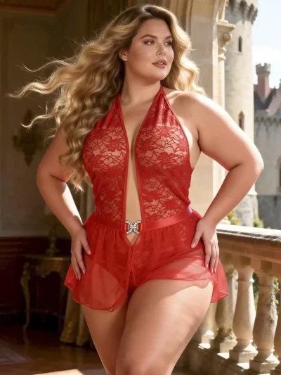 Body rouge dos nu et décolleté avec jupette en voile (1) Body rouge dos nu et décolleté avec jupette en voile
