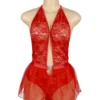 Body rouge dos nu et décolleté avec jupette en voile (2) Body rouge dos nu et décolleté avec jupette en voile