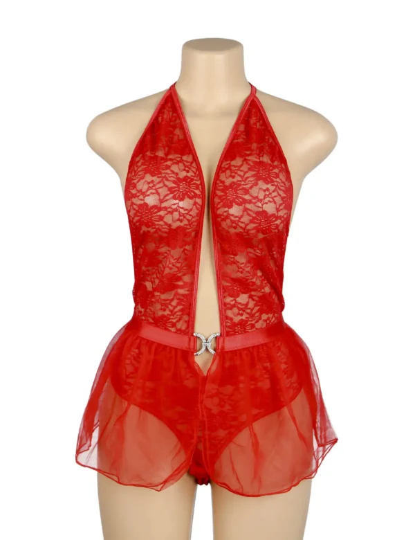 Body rouge dos nu et décolleté avec jupette en voile (2) Body rouge dos nu et décolleté avec jupette en voile