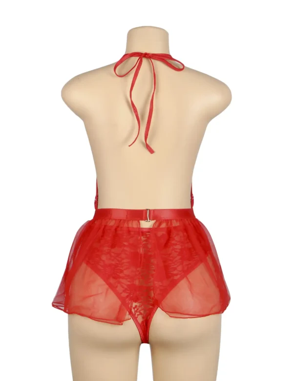 Body rouge dos nu et décolleté avec jupette en voile (3) Body rouge dos nu et décolleté avec jupette en voile